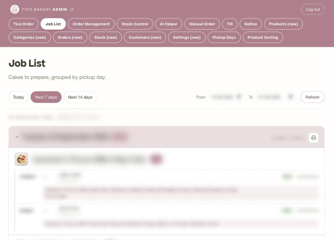 后台每日出货清单截图（已模糊处理）/ Back office production list (blurred)