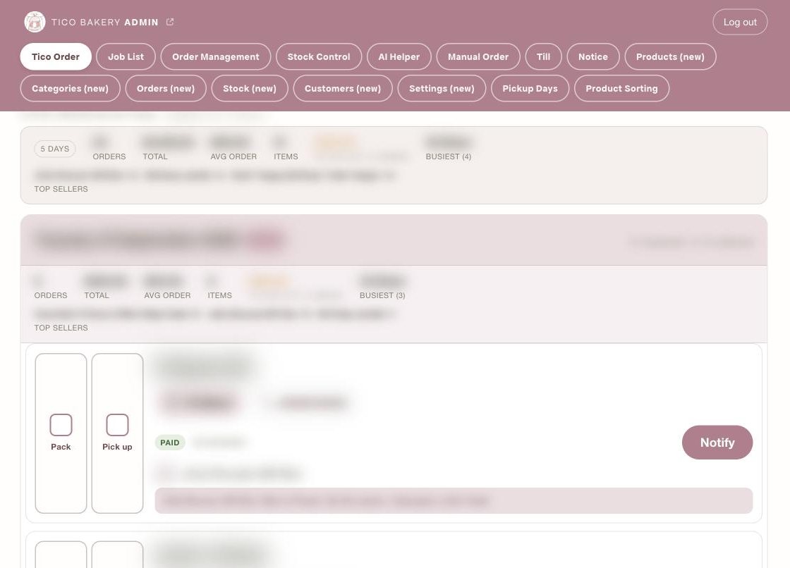 后台当日取货清单截图（已模糊处理）/ Back office pickup list (blurred)